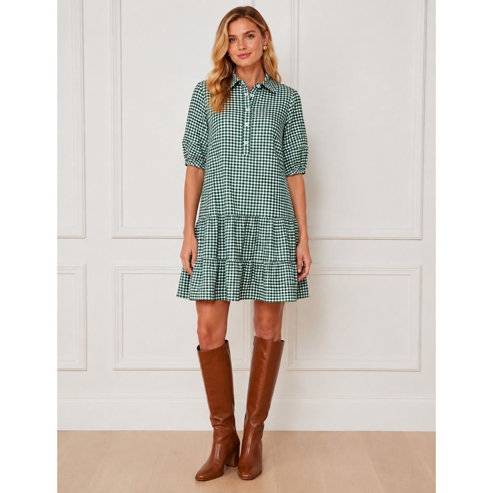 Pearl by Lela Rose Green Gingham Flounce Dress XS Puff Sleeve Fall